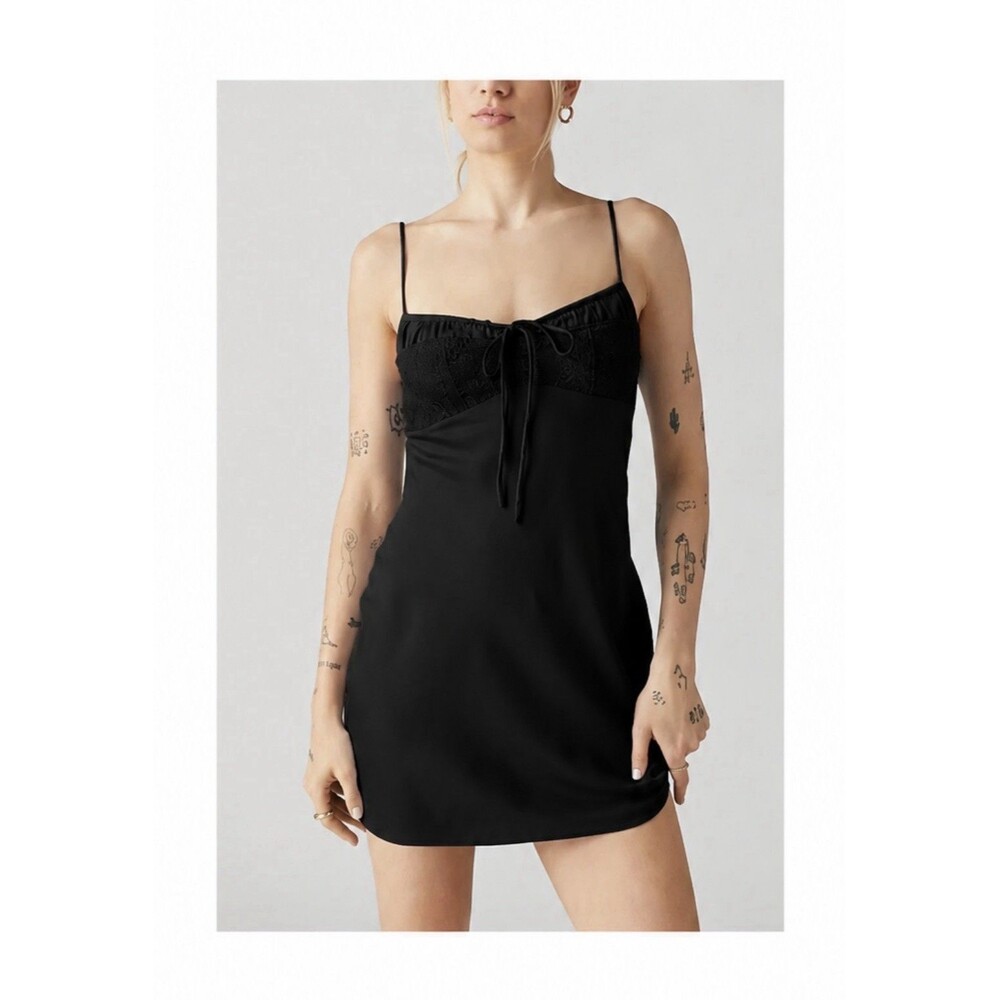 Urban Outfitters Mini Slip Dress, Satin Silky Lace Trim, Black, Size S, EUC